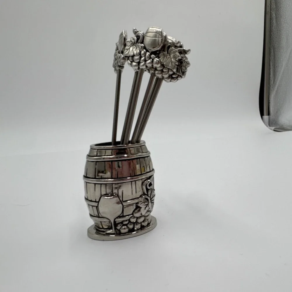 Ganz Grape Wine Barrel Cocktail Picks Set Metal Appetizer Skewers Holder